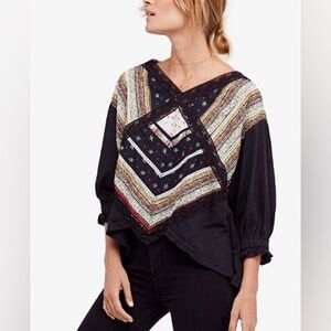 Free People Prairie Days Black Floral Linen Blend Lace Trim‎ Shirt Size Medium